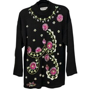 Vintage Western Connection Black Floral Sequin Beaded Sweater | M